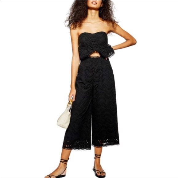 NWT Topshop Broderie Anglaise Strapless Jumpsuit in Black Sz 8 - Picture 1 of 16
